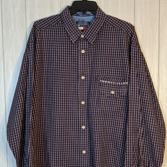 VTG Tommy Hilfiger Checker Pattern Long Sleeve Button Front Shirt EUC Flag SZ XL - Picture 3 of 10